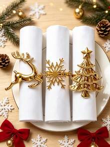 12/6/2/1pc Gold Christmas Theme Napkin Rings, Metal Christmas Tree Napkin Holders, Reindeer, Snowflake, Christmas Tree Shaped Napkin Bands, Holiday Table Decor, Suitable For Christmas Dinner, Holiday Party, Wedding Banquet, Farmhouse Style And Home Table Setting Decoration - Gold - View 5