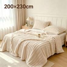 1pc Luxury Double-Sided Faux Rabbit Fur Blanket - Comfortable Striped Flannel, Soft And Warm, Suitable For Nap, Office, Camping, Sofa - Multi-Functional Polyester Bedspread, Christmas Gift - White - View 12