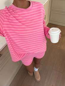 Women's Pink Striped 2 Pieces Loungewear Set, High Elasticity Long Sleeve Top And Shorts, Casual Comfortable Outfit - Pink Stripes - View 8