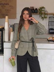Elegant Women's Plaid V-Neck Tie Jacket, Autumn Long Sleeve Polyester Fiber Cardigan - Multicolor - View 5