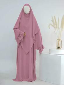 Solid Light Gray Textured Loose Khimars Robe Set, Ruffle Flare Sleeve Elegant Jilbab Long Dress, Muslim Women Casual Islamic Prayer Outfit - Multicolor - View 4