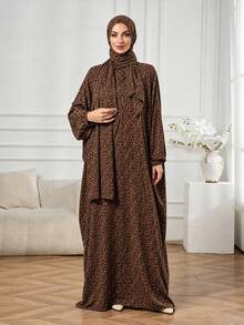 Women's Dark Brown Ditsy Floral Abaya Dress With Matching Hooded Hijab, Long Sleeve Loose Fit Floor Length Ramadan Prayer Robe For Ramadan And Eid - Brown - View 4