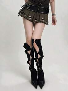 STAR RIVER Japanese Vintage Y2K Hollow Turn Collar Metal Button Over Knee Socks, Gothic Lace Trim Long Tube Socks Ins - Multicolor - View 6