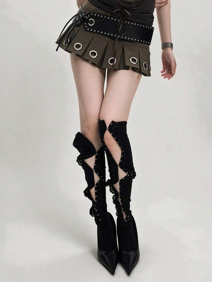 STAR RIVER Japanese Vintage Y2K Hollow Turn Collar Metal Button Over Knee Socks, Gothic Lace Trim Long Tube Socks Ins