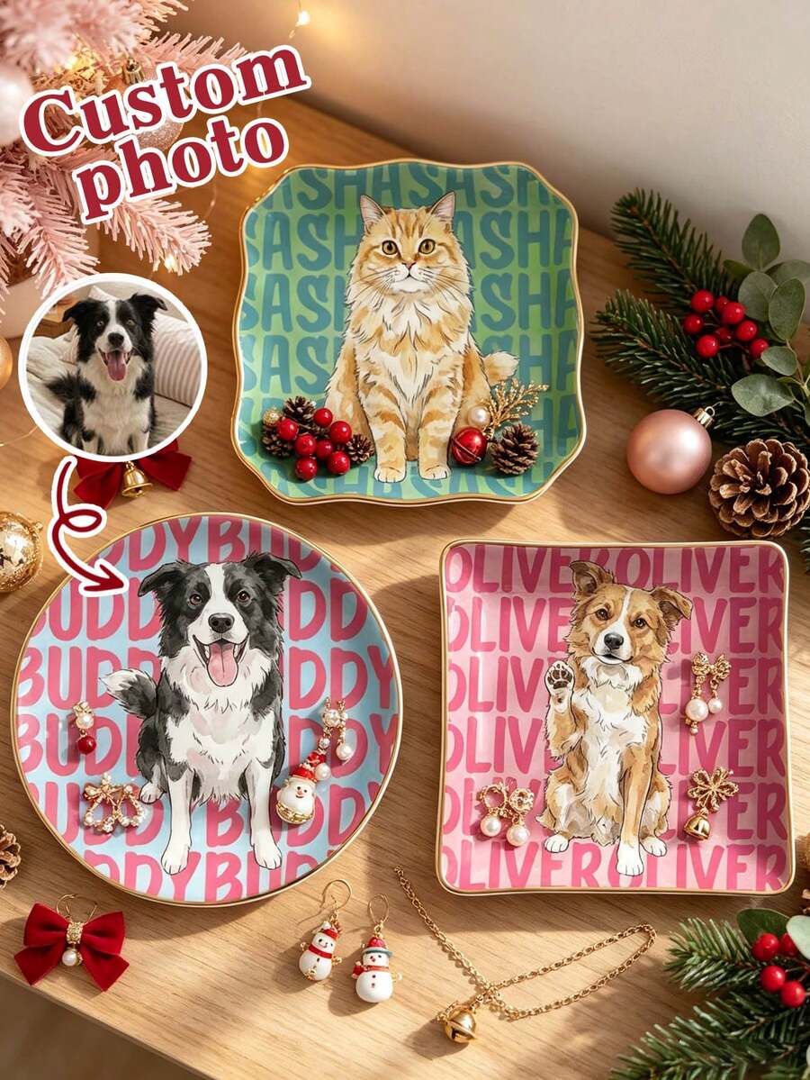 Custom Watercolor Pet Portrait Jewelry Dish For Her, Personalized Dog Photo Watercolor Ring Holder, Custom Pet Photo Ornament Christmas Tree Decor - White - View 1