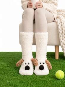 1 Pair Cute Women Plush Mid Calf Socks, 3D Floppy Ear Puppy Cartoon Floor Sleep Socks, Thick Coral Fleece Warm Cozy Socks Ins Calf Socks,Winter - Multicolor - View 4