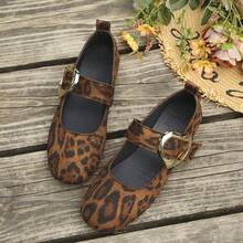 Women's Vintage Leopard Print Round Toe Mary Jane Shoes With Metal Buckle Strap, French Style Daily Commute Autumn Brown Suede Ballet Shoes - Brown - View 7