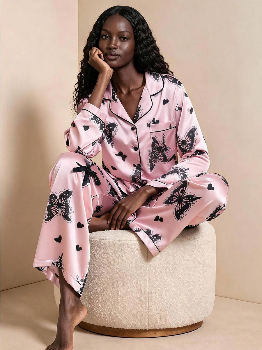 2pcs Women's Satin Butterfly Print Pajama Set, Long Sleeve Lapel Top And Bowknot Long Pants - Pink - View 1