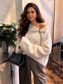 2026 Autumn/Winter New Fashion Elegant Commuter Winter Sweater, Christmas, Warm Sweater, Thanksgiving, Women's Metal Button Sweater, Elegant Asymmetric Shoulder Sweater - Apricot - View 6