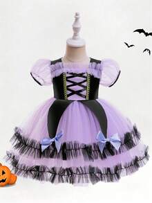 Baby Girl Square Neck Contrast Color Mesh Patchwork Satin Cute Halloween Party Princess Dress Suitable For Ball, Headband Not Included - Multicolor - View 7