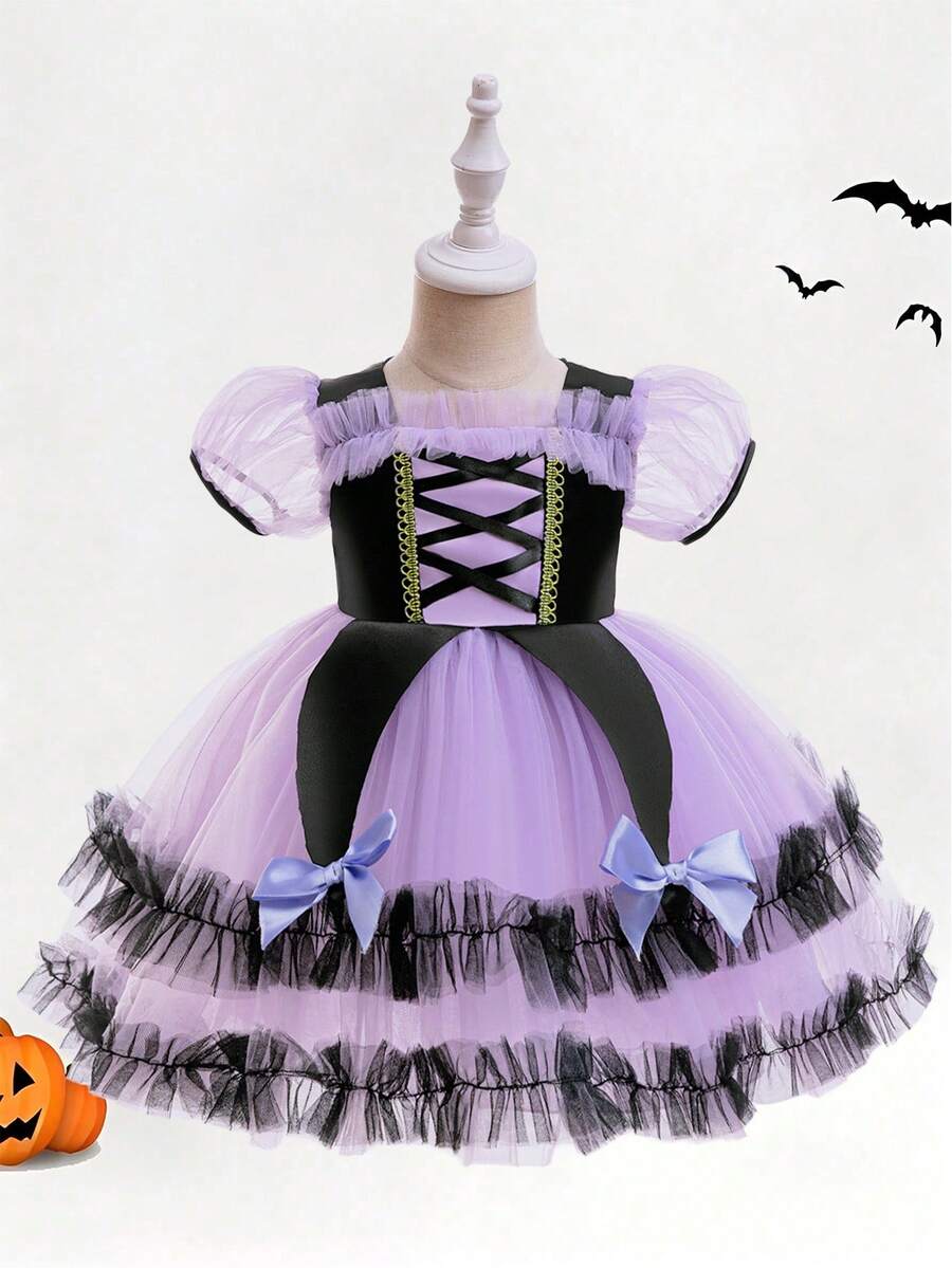 Baby Girl Square Neck Colorblock Mesh & Satin Patchwork Cute Halloween Party Princess Dress, Elegant Light Purple Dress For Birthday Ball, Headband Not Included - Multicolor - View 1