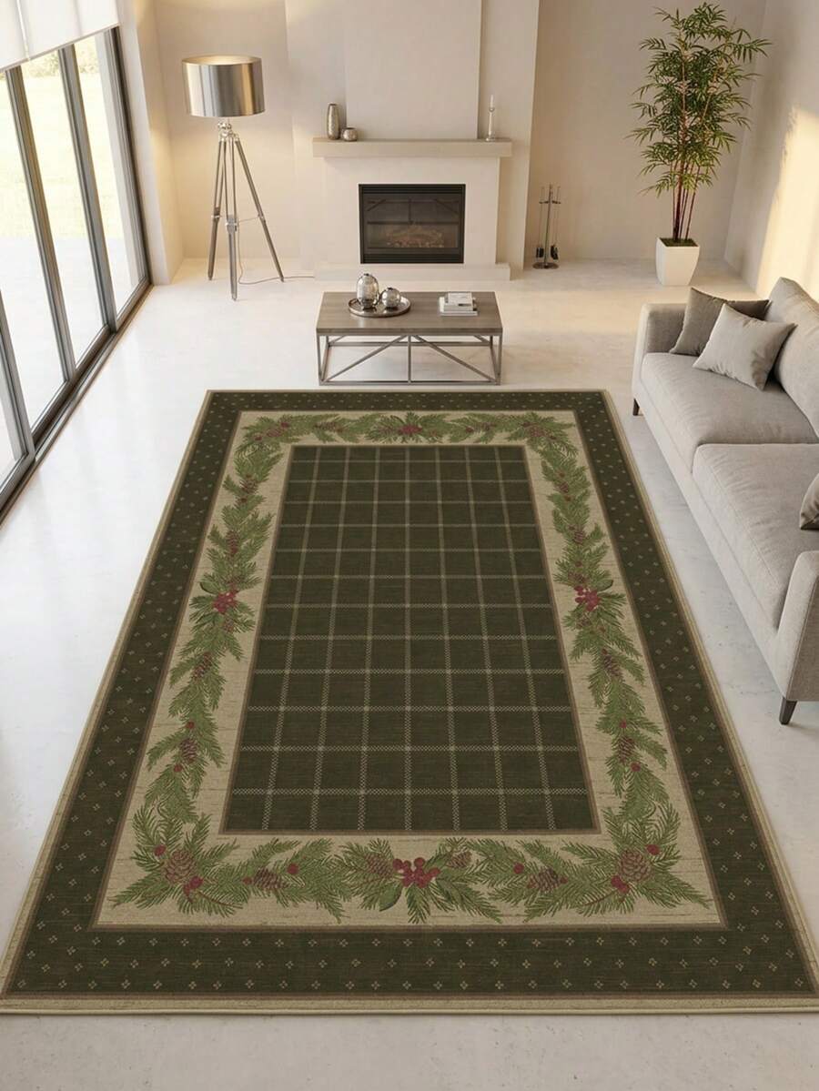 1PC Deep Green Pine Branch & Pine Cone Plaid Area Rug, Faux Cashmere Material Rectangular Christmas Holiday Pattern, Machine Washable Suitable For Living Room Bedroom Daily Home Decor, Aesthetic Home Decoration - Multicolor - View 1