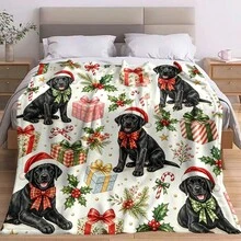 1件裝聖誕黑色拉布拉多犬法蘭絨毯，水彩風可愛黑狗戴聖誕帽與領結，滿版印花含冬青、糖果棒與禮物盒圖案，柔軟保暖毛絨毯，適用沙發、臥室與節日裝飾 - 彩色 - 查看 6