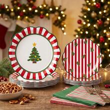 10/20/50pcs Christmas Tree Wavy Edge Disposable Paper Plates, 7 Inch And 9 Inch, Wavy Edge Red And White Striped Christmas Dinner Plates, Christmas Eve Family Dinner, Holiday Office Party, Winter Solstice Dinner Tableware - Multicolor - View 4
