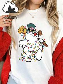 Women's Plus Size Snowman Christmas Lights Pattern Print Casual Fall Winter Long Sleeve T-Shirt Top - White - View 8