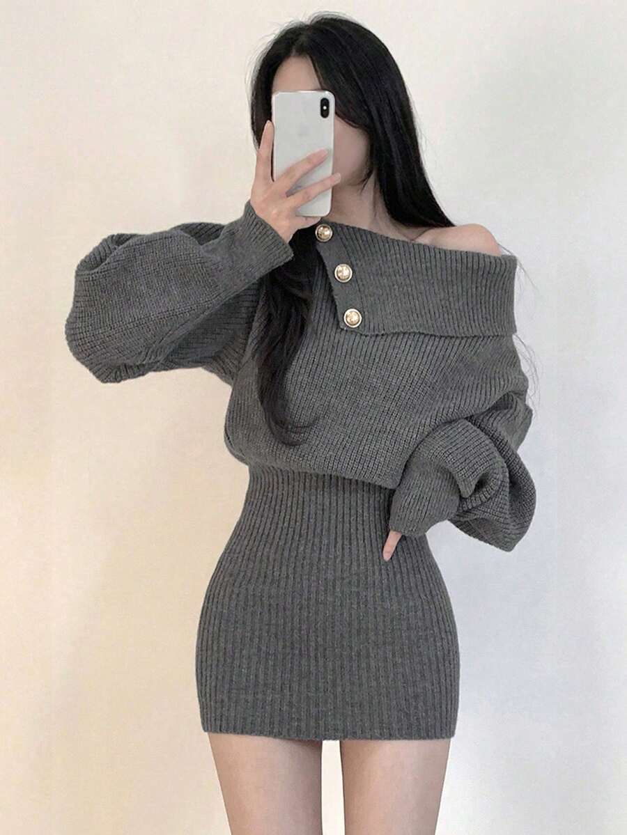 Gaun Rajut Minimalis Gaya Korea Model Off-Shoulder Seksi Model Cold Shoulder Bodycon yang Mengencangkan Pinggang - Grey - View 1