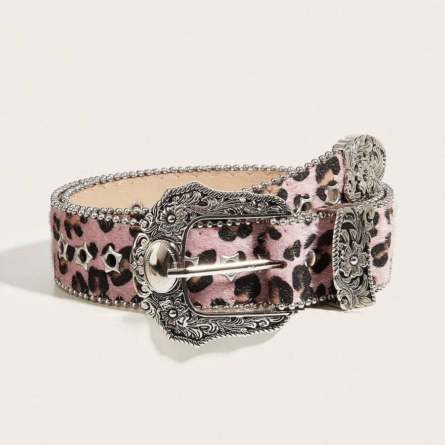 1pc Women's Y2K Style Western Thick Belt, Decorated With Dopamine Star And Eye Patterns, Suitable For Daily Wear, Party, Summer And School Occasions - Yuanbao Buckle Leopard Print Star Pink - View 1