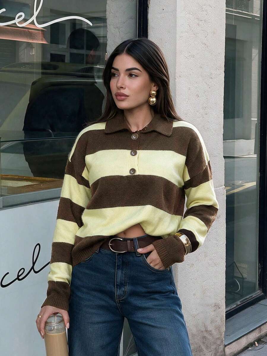 NOVELLE Women's Elegant Vintage Striped Lapel Knit Sweater, Three-Button Preppy Top For Autumn & Winter, Perfect For School, Commute & Shopping - Multicolor - View 1