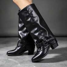 Square Toe High Heel Chunky Heel Pleated Vintage Western Ankle Boots Western Style Riding Boots With Belt Buckle Mid-Calf Boots - Black - View 4