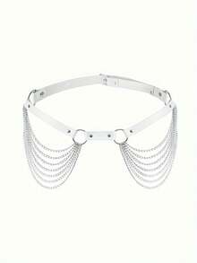1pc Punk Style PU Leather Body Waist Chain Silver Tassels Layered Belly Belt Nightclub Rave Party Body Jewelry Accessory For Women Girls - White - View 2