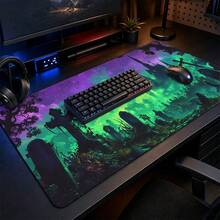 1pc Gothic Cemetery Print Extended Mouse Pad, Green Purple Dark Fantasy Keyboard Desk Mat, Halloween Desktop Decor - View 2