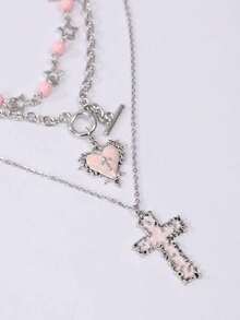 3pcs Vintage Gothic Style Pink Personalized Thorn Rose Cross Heart Star Pendant Cross Necklace Set For Women - Pink - View 5