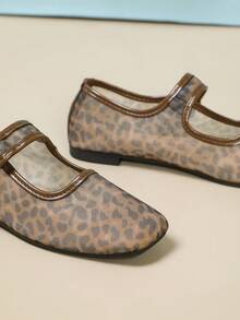 Women's Coffee Brown Flat Mary Jane Shoes With Leopard Print Mesh And Buckle Strap - Coffee Brown - View 5