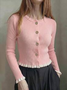 Women's Graduation Season Casual Vacation Round Neck Cream Yellow Ruffle Button Knit Pullover, Suitable For Work/Office - Pink - View 1