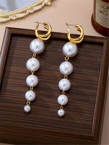 1 Pair Fashionable New Pearl Long Tassel Earrings, Minimalist Elegant Fashion Stud Earrings - Yellow Gold - View 3