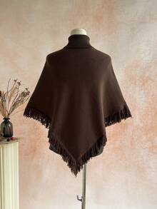 Women's Knitted Vintage High Neck Tassel Triangle Cape, Suitable For Autumn/Winter Daily Commute And Travel Versatile Style - Coffee Brown - View 10
