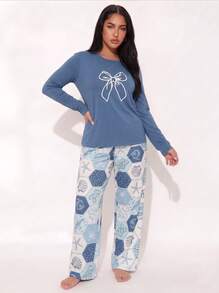 Early Autumn New Blue Women's 2-Piece Long Sleeve Pajama Set, Bow & Shell Print Long Sleeve Pants Set - Blue - View 8