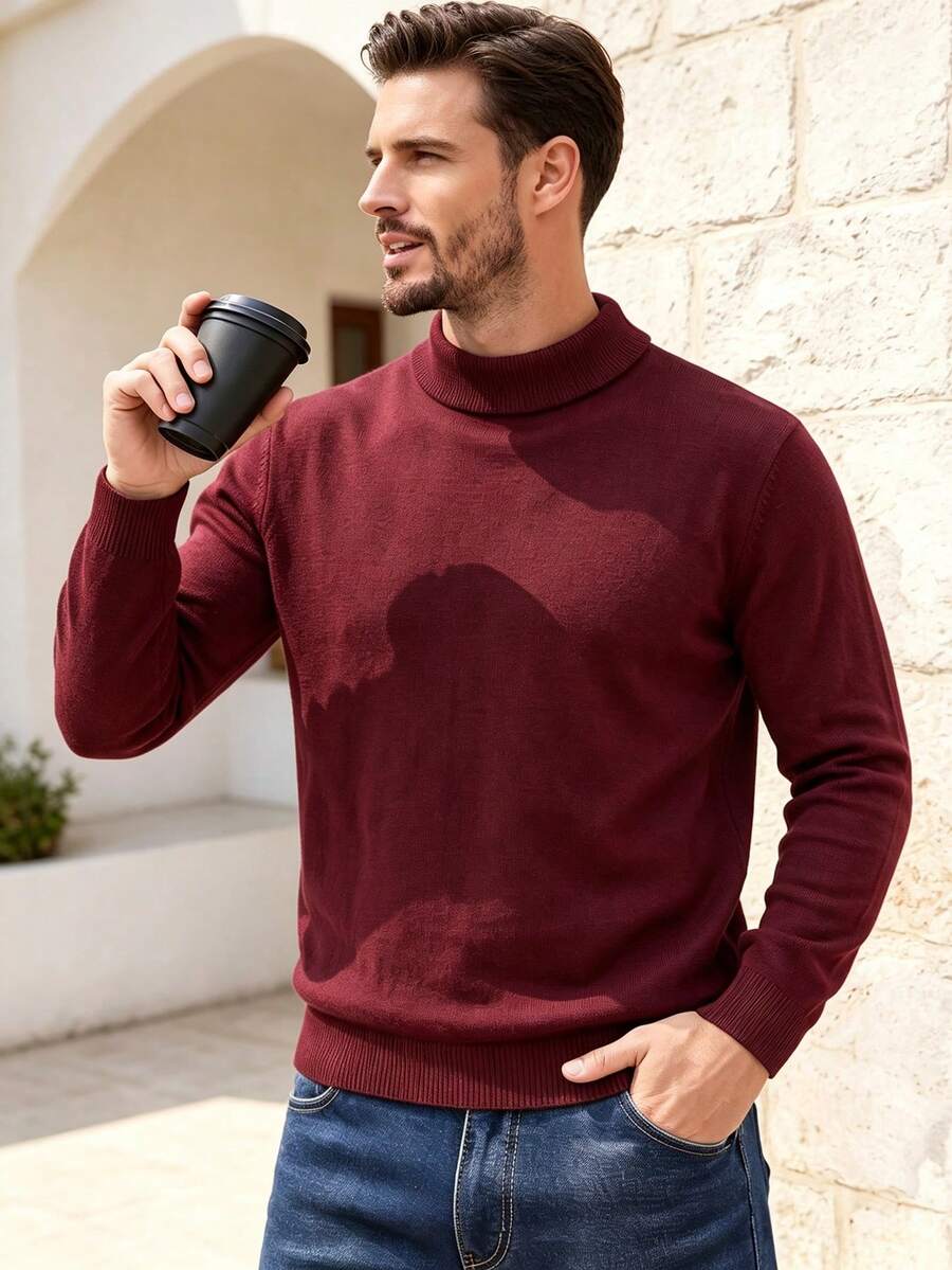 ALTZTAR Men's Solid Color Turtleneck Long Sleeve - Burgundy - View 1