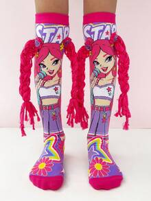 1pair Girls Rock Star Cartoon Print Knee High Socks, DIY 3D Braids Design, Fun Novelty Crazy Socks For Party Costume & Birthday Gift - Hot Pink - View 7