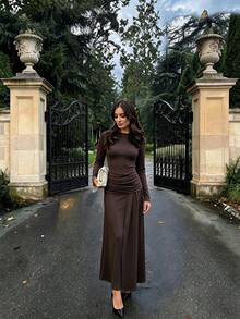 Women's Autumn/Winter Fitted Long Sleeve Round Neck Ruched Layered Patchwork Split Hem Tie Waist Elegant Party Date Long Dress - Brown - View 1