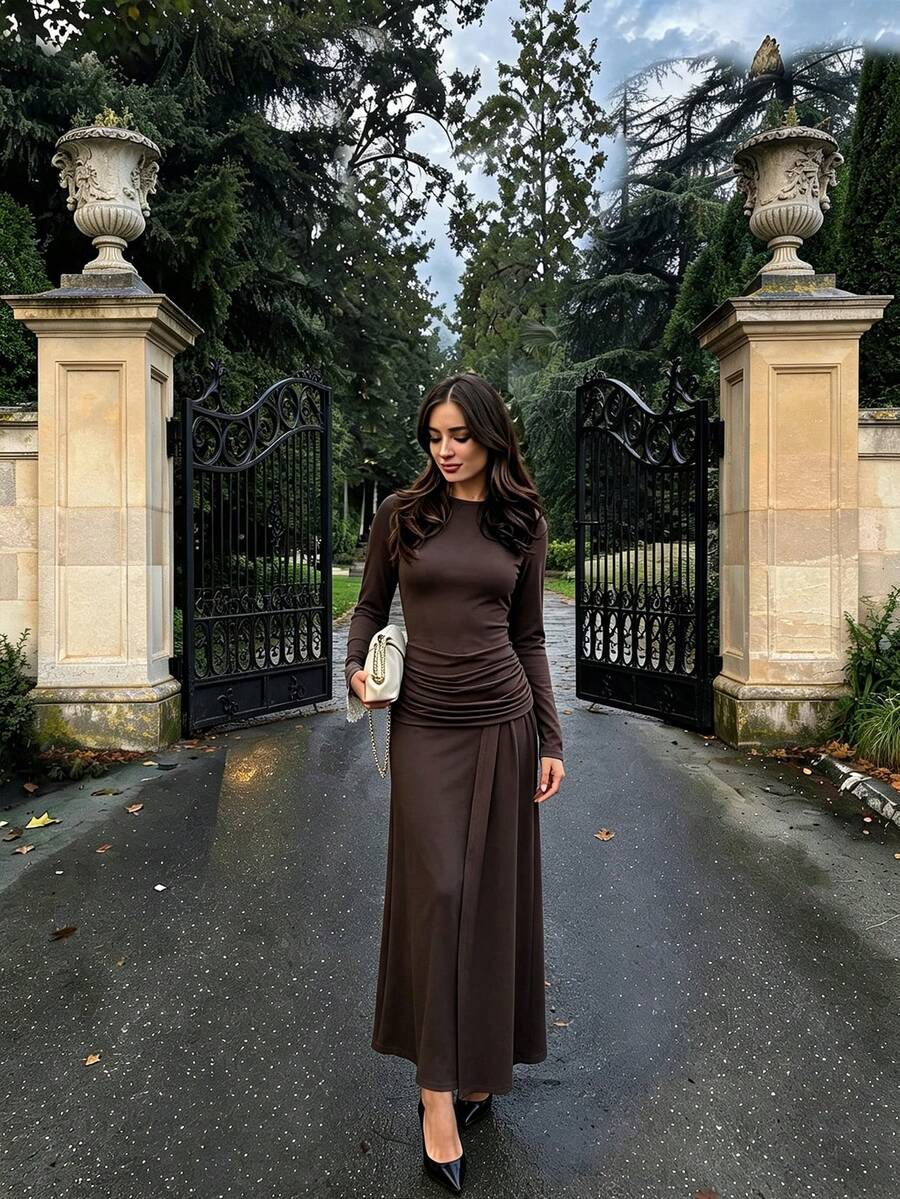 Women's Autumn/Winter Fitted Long Sleeve Round Neck Ruched Layered Patchwork Split Hem Tie Waist Elegant Party Date Long Dress - Brown - View 1