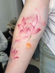1pc Temporary Tattoo Sticker, Chinese Style Light Pink Lotus & Sunset Ink Wash Pattern, Realistic Fake Tattoo Design, For Daily Wear, Bachelorette Party Favors, Music Festival, Game, Graduation Gift, Lasts 3‑5 Days - Multicolor - View 5