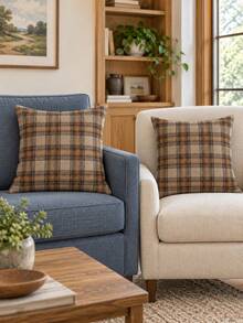 shangxia 2PCS--Earth Brown Coffee Plaid Pattern Throw Pillow Covers, American Vintage Autumn Plaid Print Cushion Covers, Pillow Insert Not Included - Multicolor - View 11
