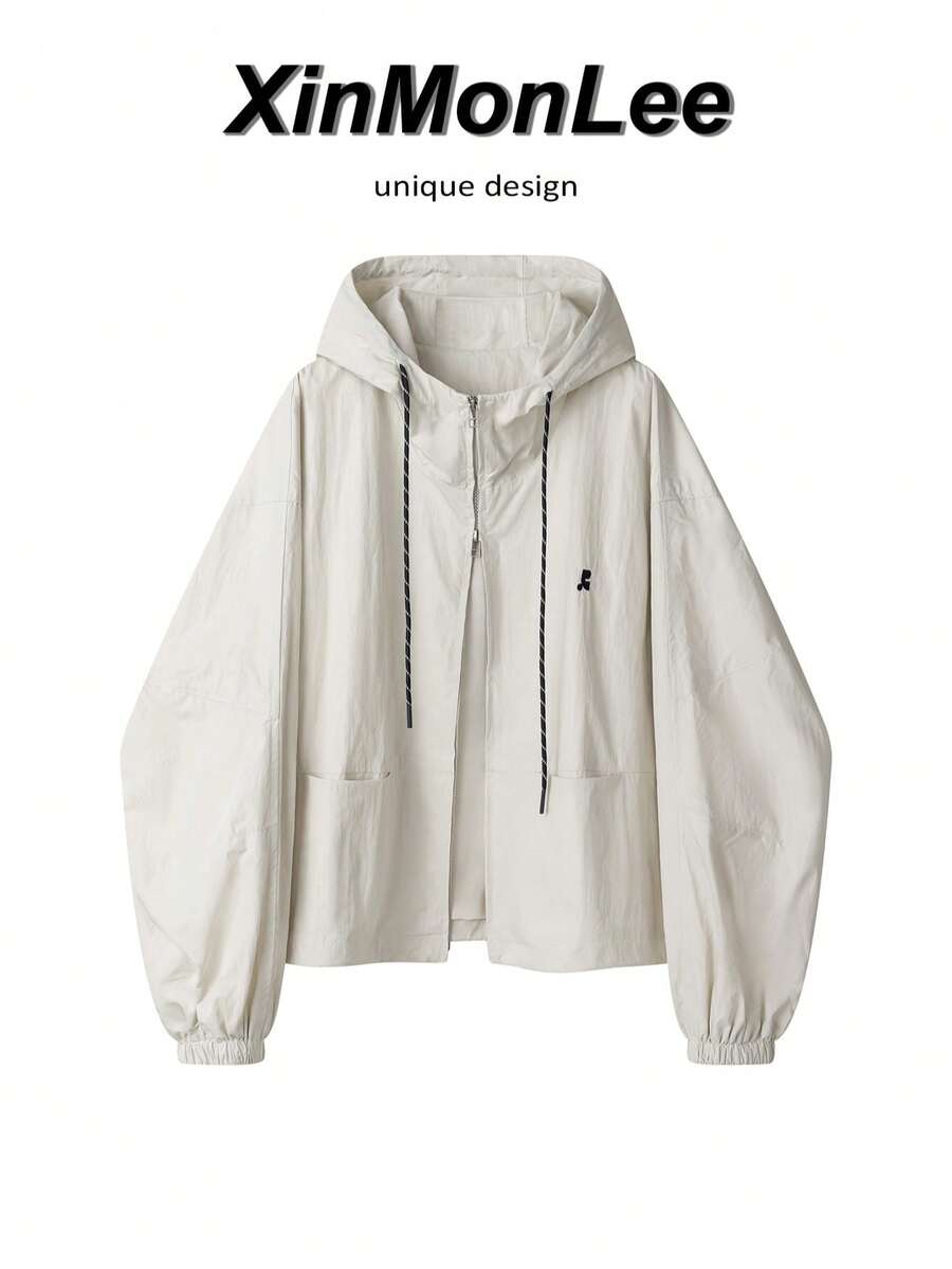 Casual Korean Style Short Windbreaker Jacket With Two-Way Zipper, College Vacation Daily Spring/Autumn - Apricot - View 1