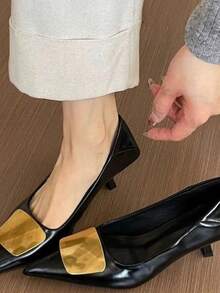 優雅基本款中性色PU皮革扣飾高跟鞋，適合戶外穿著 - 黑色 - 查看 2