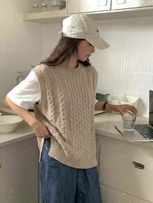 Women's Sleeveless Round Neck Ribbed Knit Sweater Vest, Fashionable Retro Style, Regular Fit Basic Layering Top - Khaki - View 1