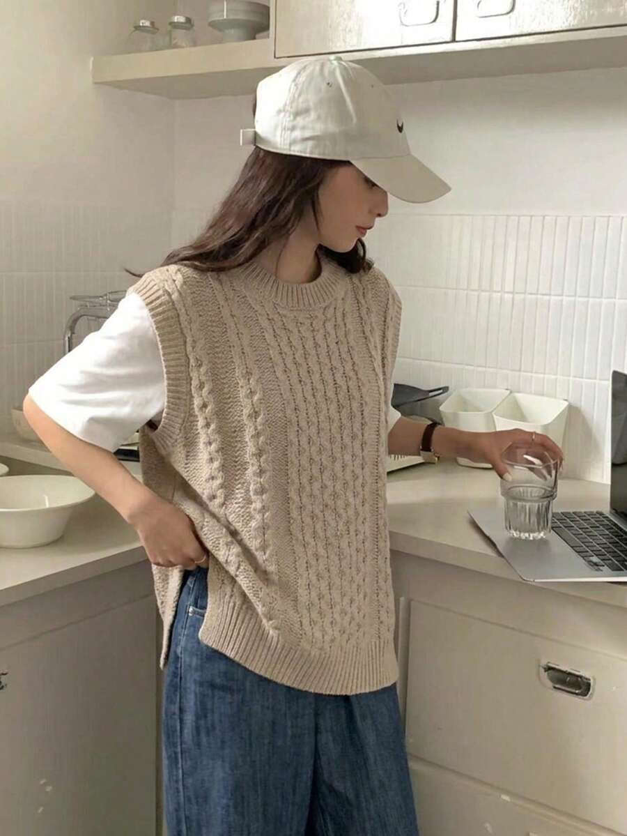 Women's Sleeveless Round Neck Ribbed Knit Sweater Vest, Fashionable Retro Style, Regular Fit Basic Layering Top - Khaki - View 1