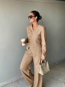 2pcs Solid Color Elegant Casual Pocket Button Women's Two Pieces Set For Office And Daily Wear, Autumn - Khaki - View 6