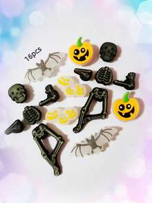 16pcs Halloween Glow-In-The-Dark Skeleton Bat Pumpkin PVC Shoe Charms Detachable Buckle Accessories For Clogs Beach Sandals - Multicolor - View 5