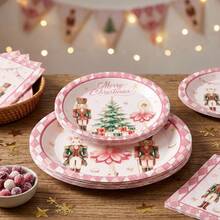 10/20/50pcs Macaron Pink Argyle Nutcracker Christmas Disposable Paper Plates, 7 Inch And 9 Inch, Cute Mouse King Sugar Plum Fairy Nutcracker Soldier Dinner Plates, Pink Nutcracker Theme Party Table Decor, Christmas Family Dinner - Multicolor - View 5