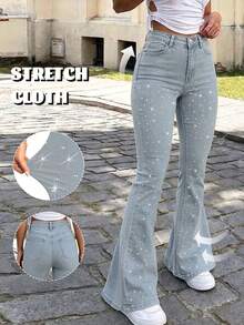 Celana Jeans Wanita Model Flare Pinggang Tinggi, Dihiasi Rhinestones, Kain Tenun Elastis Sedang, Desain Celana Panjang, Dengan Resleting dan Saku, Pilihan Sempurna untuk Musim Gugur - Light Wash - View 5
