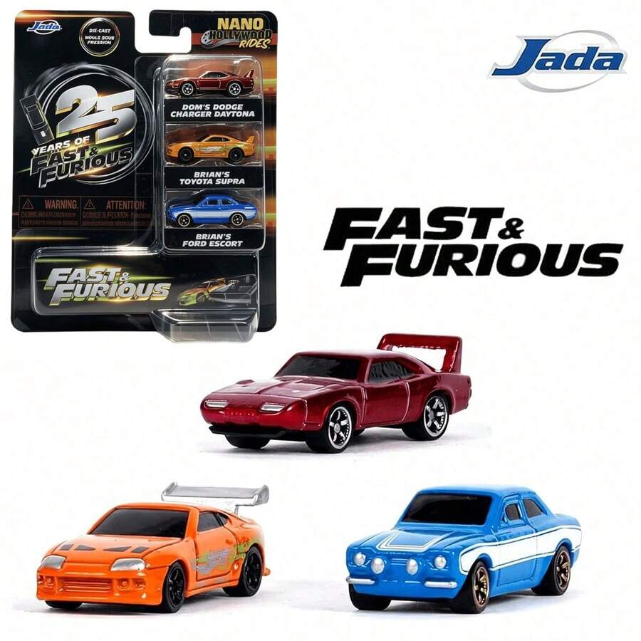 Simba Jada 1:128 Scale Nano 3pcs Miniature Alloy Car Model Set, Dom's Dodge Challenger, Brian's Supra, Ford Escort, Collectible Toy For Car Enthusiasts - Multicolor - View 1