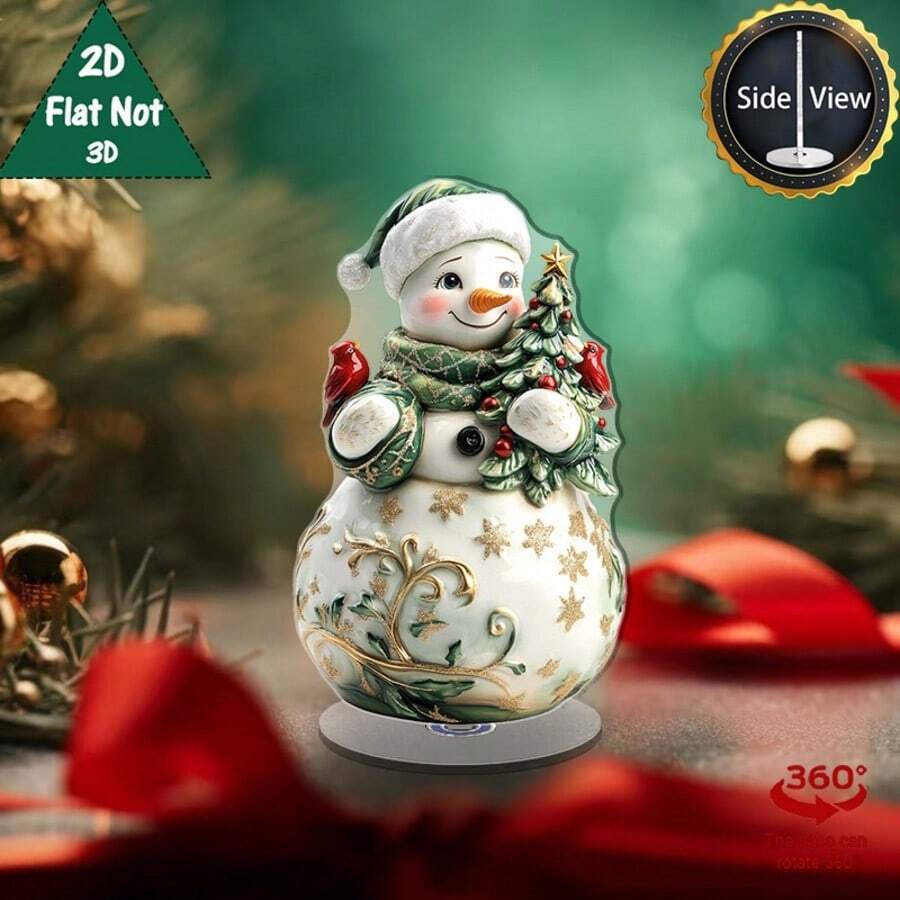 2D Flat 1pc Rotating Base Acrylic Snowman Christmas Tree Ornament, 360° Rotating Desktop Decoration, Green Snowman With Gold Accents, Harmonious Color Scheme, Suitable For Holiday Home And Office - A - View 1