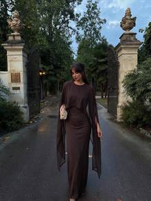 Autumn/Winter Fashion Elegant Luxury Women's Solid Color Round Neck Asymmetric Design Slim Fit Cape Chiffon Elegant 2 In 1 Dress - Brown - View 6