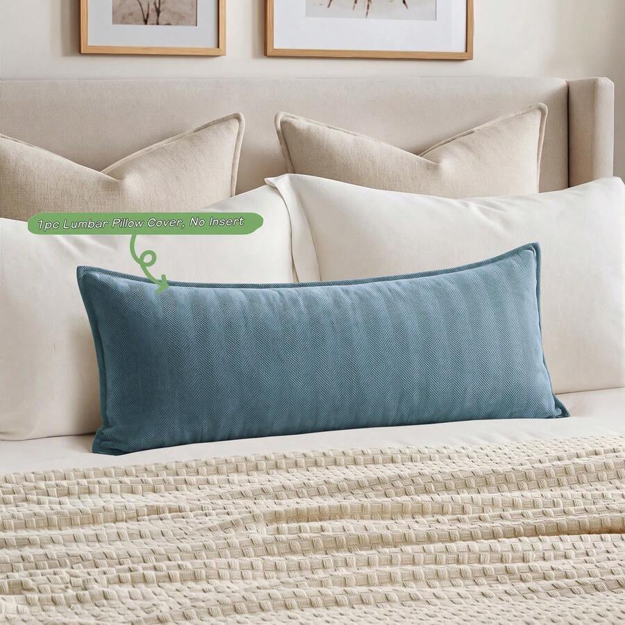 1 buah Sarung Bantal Pinggang Abu-abu Biru, Sarung Bantal Persegi Panjang Motif Tulang Ikan, Sarung Bantal Dekoratif dengan Tepi Berpipa, Tanpa Isi Dalam, Cocok untuk Sofa Ruang Tamu - Biru - View 1