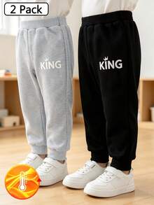 2pcs/Set Young Boy Casual Letter Print Solid Color Thermal Lined Jogger Pants, Autumn/Winter 2025 - Multicolor - View 1